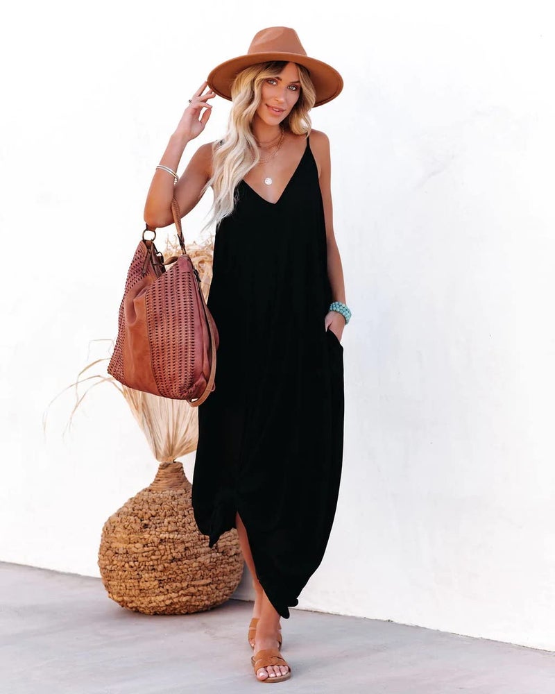 Poetsky Women's Loose Beach Dresses Casual Flowy Pockets Maxi Dress (M, Black) - Image 3